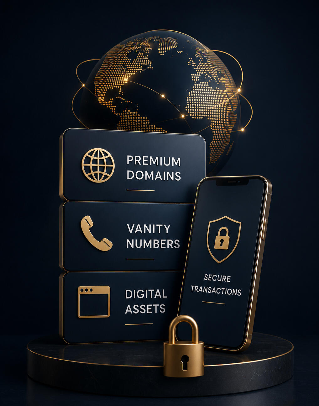 Premium Domain Names, Vanity Numbers & Digital Assets Illustration representing premium domain names, vanity phone numbers, digital assets, and secure online transactions.